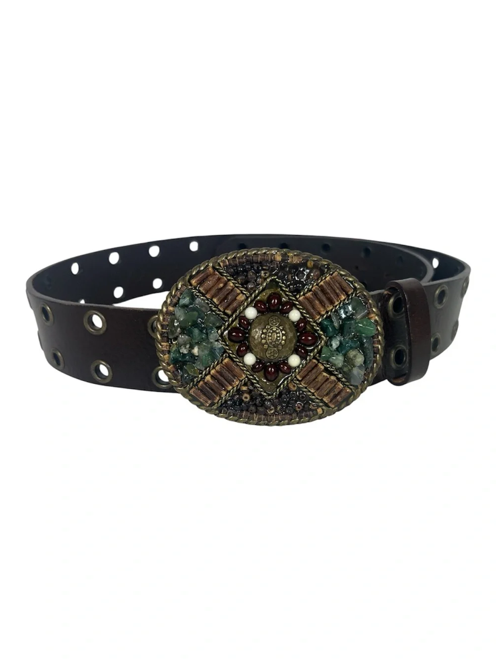 Cabi Sz M Leather Belt Brown Double Grommets Stone/Bead Buckle Vintage